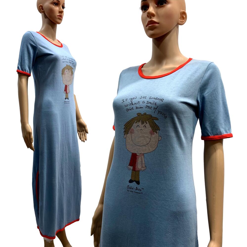 70s Long Blue T Shirt Nightgown Nightie w Cute Cartoon | XS/S - Picture 4 of 11